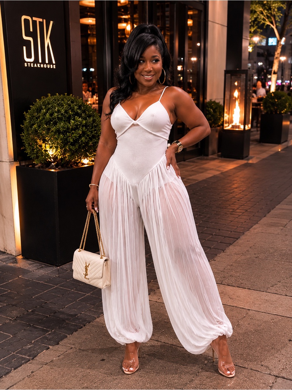 Elegant White Sheer Wide-Leg Jumpsuit with Spaghetti Straps